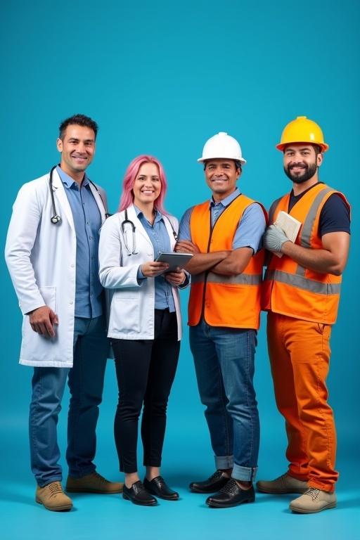 Highly detailed photograph against solid blue background featuring diverse professionals. Group includes male doctor with stethoscope, male journalist with microphone and tablet, smiling businesswoman with pink hair, female chef in uniform, male construction worker with hard hat and safety vest. Professional studio lighting and high resolution.