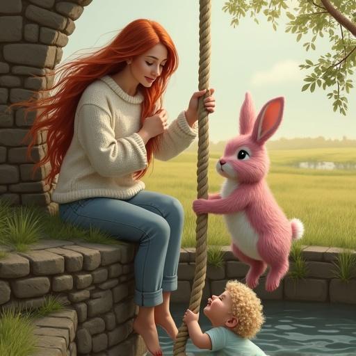 A young woman with long red hair in a cozy white sweater sits at the edge of an old stone well. She holds a thick rope and a calm baby with curly blonde hair in one arm. A large human-sized pink rabbit grips the rope, helping to pull itself out of the well. The sun filters through trees, creating a serene outdoor setting with grassy fields.