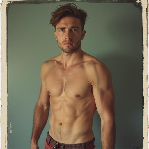 Man posing shirtless. Light brown hair. Muscular build. Serious expression. Full body portrait. Styled like a polaroid photo.