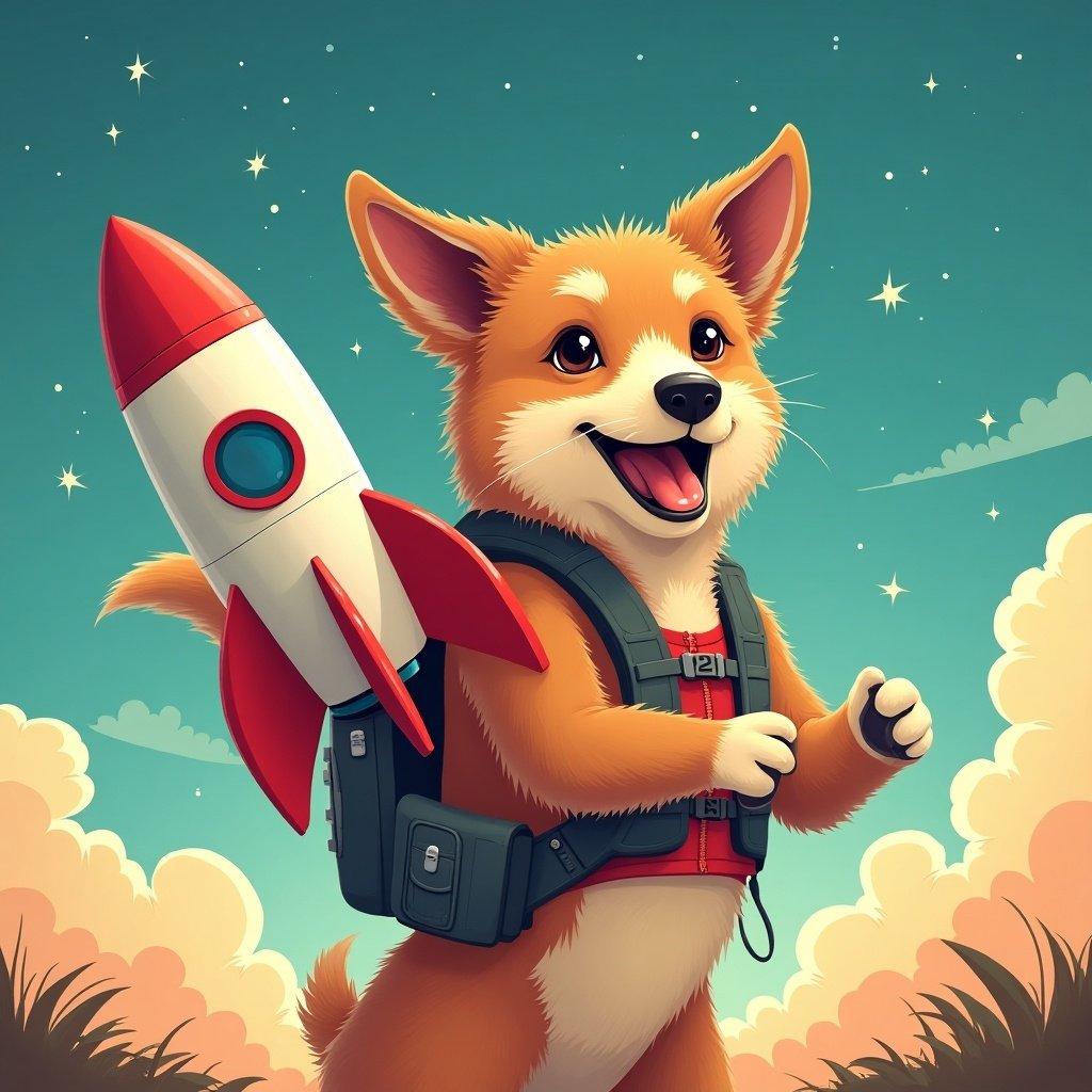 Corgi dog with a rocket backpack smiles in a whimsical, cartoon style. The sky is bright with stars and clouds. Rocket is red and white. Image captures playful energy with a space theme.