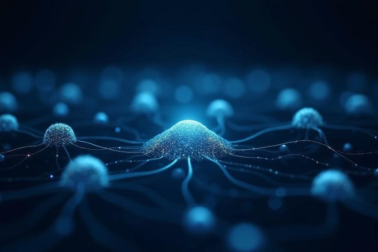 Visual representation of glowing blockchain nodes interconnected through dynamic lines. Soft light enhances the professional and innovative atmosphere. The design reflects efficiency in technology and content generation.