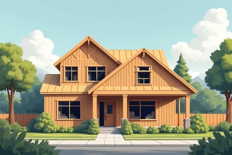 A wooden house depicted in a sunny suburban setting. House features a porch and large windows. Lush greenery surrounds the house. Sky with fluffy clouds in the background. A quiet street runs in front of the house.