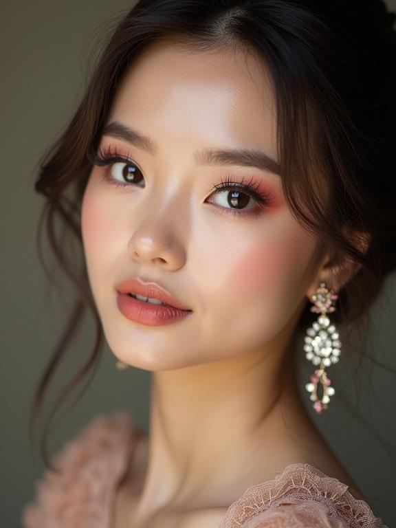 Close-up portrait of a young Asian woman. Glamorous makeup accentuates features. Decorative earrings enhance elegance. Soft lighting and subtle expressions.