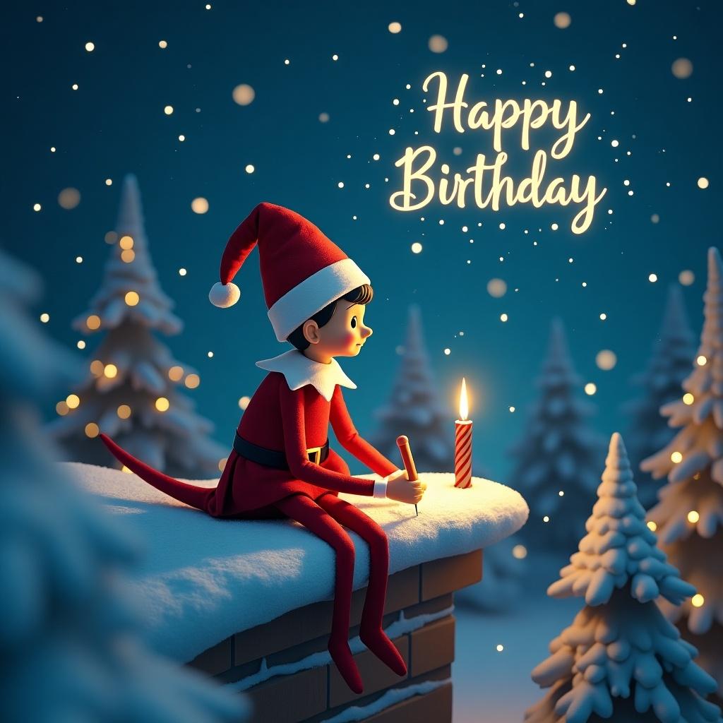 An elf sitting on a ledge in a snowy Christmas scene. Elf writes happy birthday in the sky. The elf wears a red outfit and is beside a candle. Snowy trees in the backdrop.