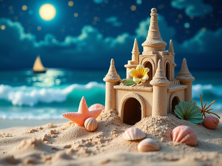 Dreamy photograph of a whimsical sandcastle at night. Adorned with pastel flowers and seashells. Background features glowing waves and starry sky. Luminous colors and textured elements. Evoke serenity and wonder.