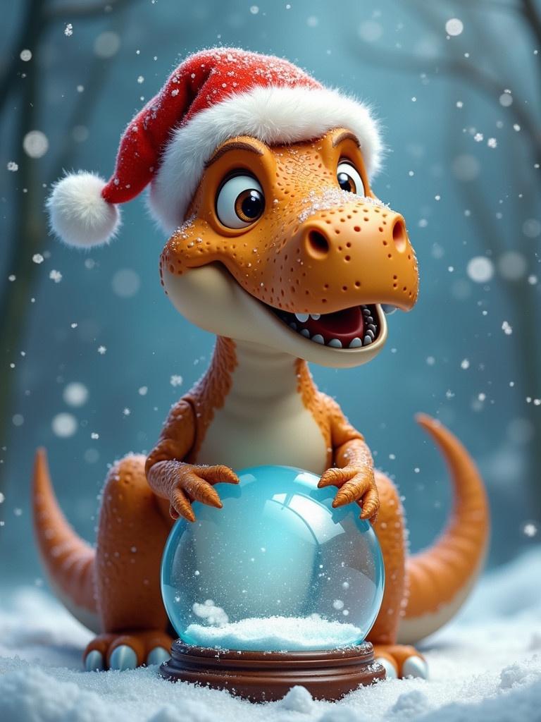 T-rex wearing a Christmas hat. Holds empty snow globe. Winter background with snow effects. Shows excitement and wonder.