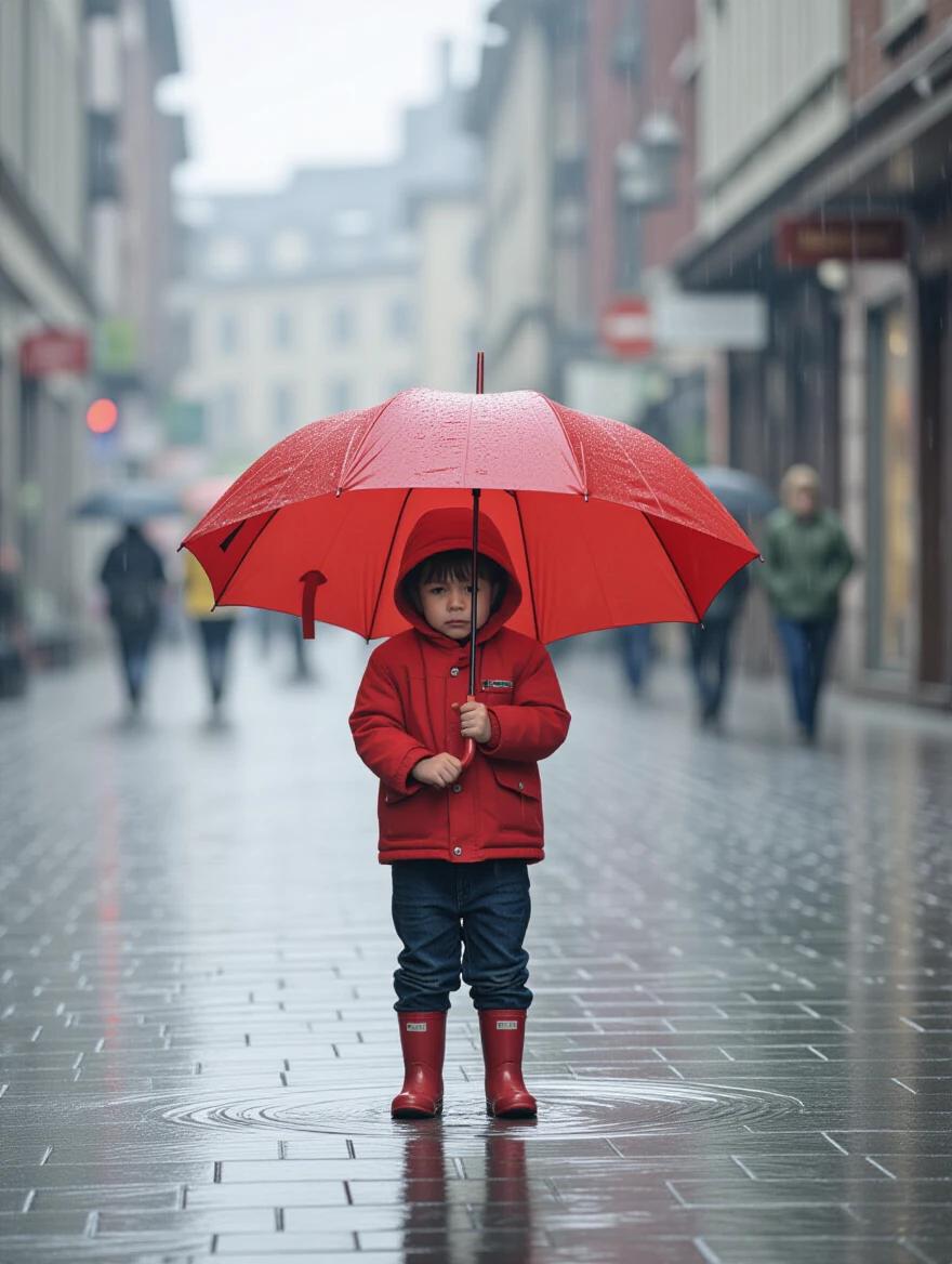 Child stands alone in the rain holding a large red umbrella in a gray city street. Wet pavement reflects surroundings. Child wears a red coat and rubber boots. Background shows blurred figures walking. Mood is contemplative and isolated.