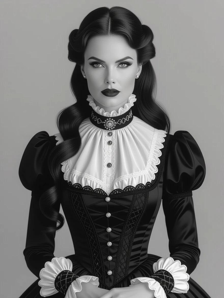 Character in black and white. Long brunette hair styled beautifully. Wearing a Victorian dress with a tall collar and frills. The focus is on the dress and hairstyle. Evocative makeup enhances the character's features. Inspired by old photographs. Aesthetic is elegant and timeless.