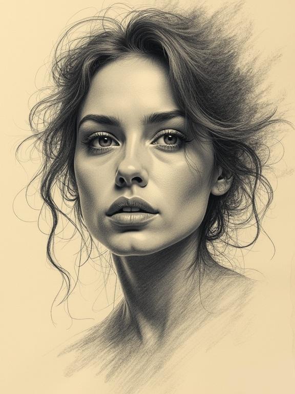 A mesmerizing woman's face in a rough pencil sketch. Expressive features with deep eyes. Caught in a moment of introspection. Dynamic pencil marks capturing raw energy. Set against warm, creamy paper texture. Bold lines defining contours. Soft shading adding depth. Graphite smudges enhancing realism. Artist's spirit present in the piece.