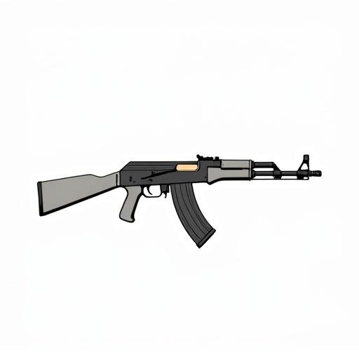 Clean technical vector illustration of a AK-47 in side view with thin black outlines and flat colors. No textures on a white background. Style resembles military manual.