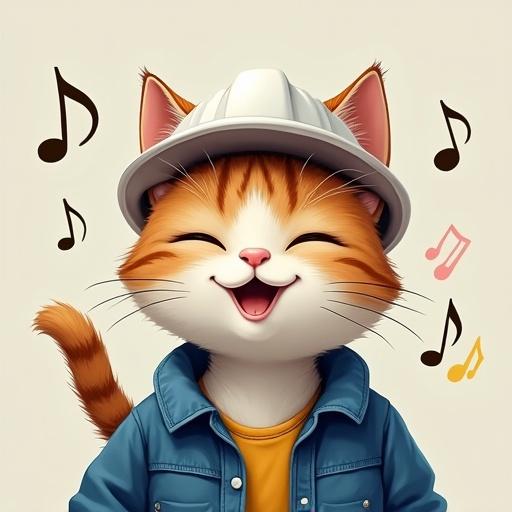 A semi-realistic cat smiles with eyes closed. Musical notes surround its head. Cat wears a white hard hat and a blue work jacket. Cat sways cheerfully.