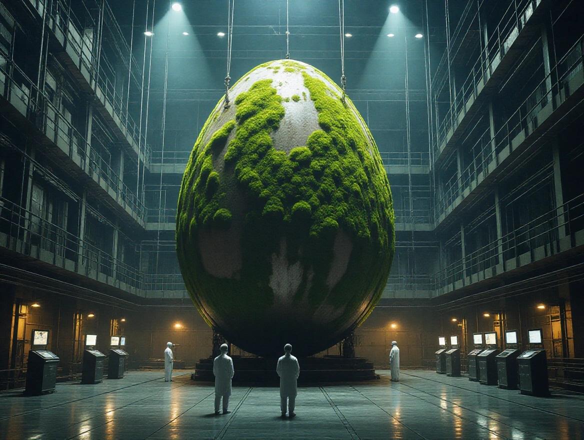 Cinematic image showcasing a large moss-covered egg. The egg stands on mechanical hydraulic supports inside a massive industrial hanger. Low ground shot angle emphasizes height. Bright lights illuminate the egg while shadows create depth. Small scientists are positioned nearby, adding scale. Detailed textures and realism evident throughout the scene.