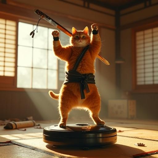 Hyper-realistic depiction of a muscular ginger ninja cat standing triumphantly on a defeated robot vacuum in a traditional Japanese room. One paw raised with katana, other paw on dented vacuum. Background shows chaos of torn mats and shattered screens.