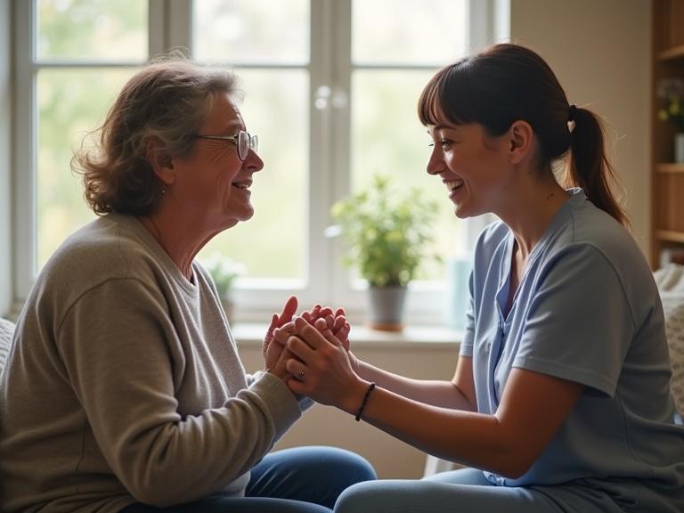 Scene of caregiver assisting loved one with incontinence. Display moments of hygiene help and discussions. Show practicing Kegel exercises together, preparing continence products with care. Illustrate emotional support through gestures like hand holding. Include visual elements like a bladder diary and adaptive bathroom equipment. Create a warm, safe environment showcasing a bond between caregiver and loved one, emphasizing patience and teamwork.