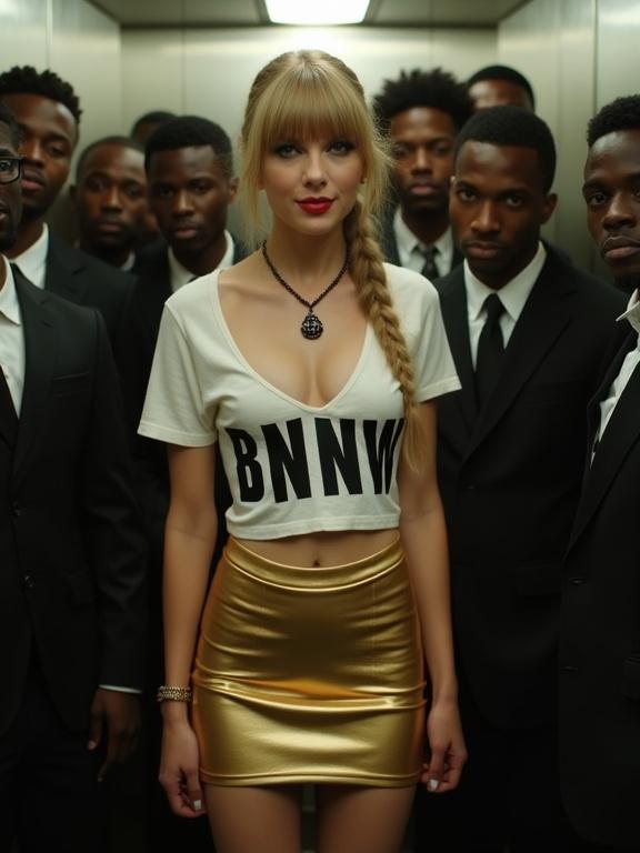 Crowded elevator setting attractive woman stands out surrounded by men. She wears a tight cropped t-shirt with BNWO. Her hair styled in long pigtails. Expression is cheerful as she poses for selfies. This is an urban fashion scene with a mix of styles.