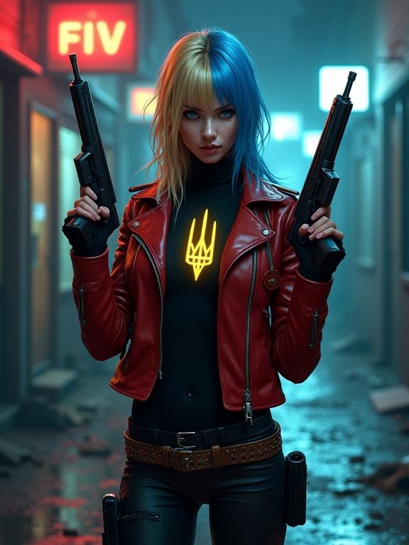 Create digital artwork of female mercenary standing in urban alley at night. Split-colored hair blonde and electric blue. Wearing red leather jacket with glowing Ukrainian trident symbol on black turtleneck. Tight black leather pants and studded belt with thigh holsters. Holding two tactical rifles, with cold expression. Details on hand anatomy, realistic skin texture, and moody background with neon signs.