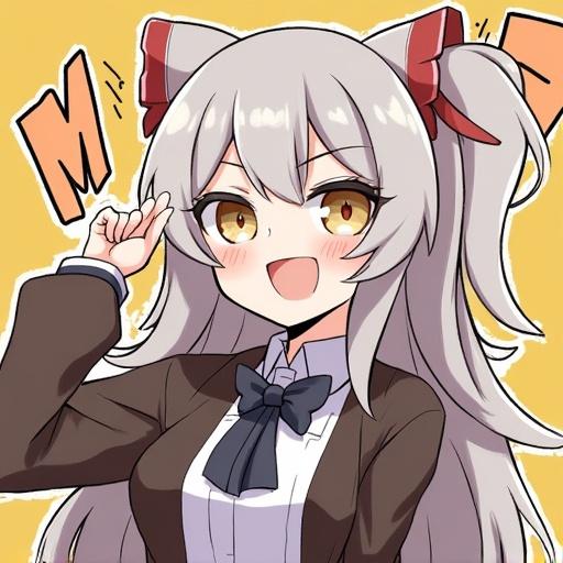 Anime character with long white hair and red accessories in a school uniform. Cheerful expression with a peace sign gesture. Background is bright yellow with text.