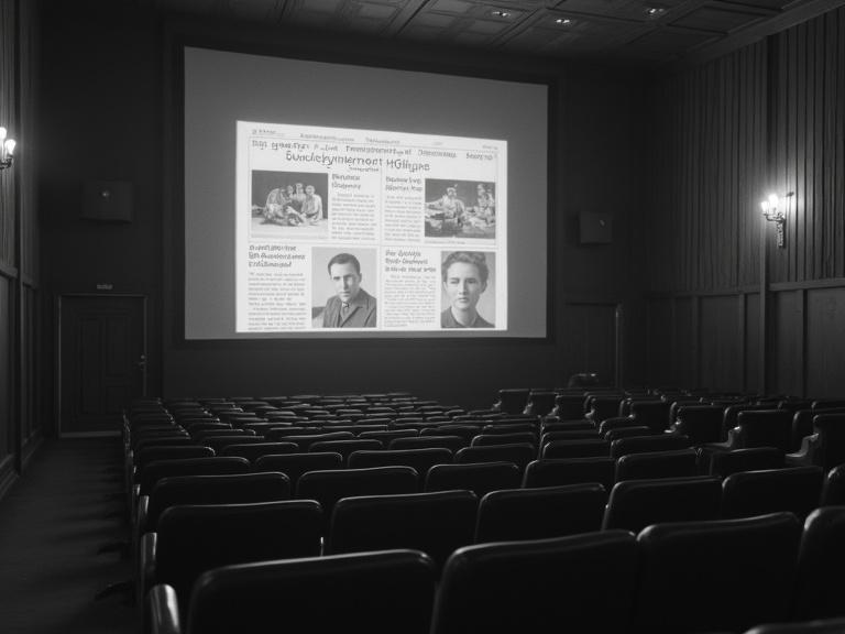 In a cinema in the year 1926 a weekly news show is being displayed on the screen.