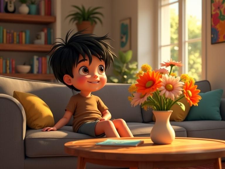 Disney style illustration of a smiling boy sitting on a gray couch in a cozy living room with colorful walls and books. Sunlight streams through the windows with a vase of flowers on the table.