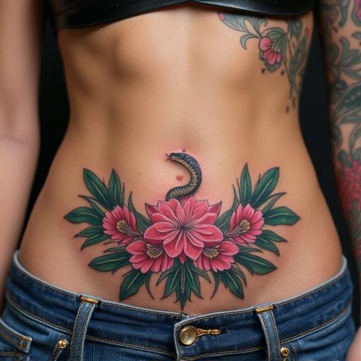 Colored floral tattoo on the stomach features two symmetrical flower garlands. Each garland emerges from the hips and converges above the pubis. The design includes a pink flower known as Clitoria ternatea, prominently displayed under the navel. The tattoo incorporates a snake head at the end of one flower garland, with the snake tongue pointed toward the Clitoria ternatea flower.