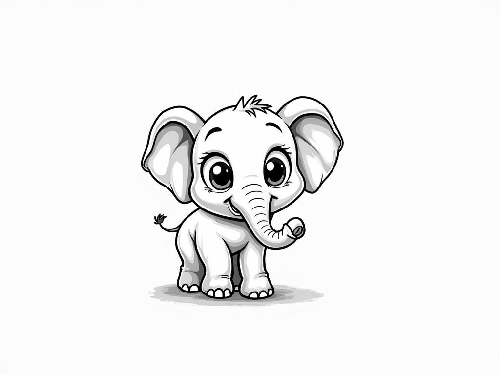 This image is a charming illustration of a cartoon baby elephant with oversized eyes, adding a touch of whimsy and innocence. The clean lines and minimalistic shading make it visually appealing. Its ears are exaggerated, and the expression is endearing and playful, which invites a sense of joy and warmth.