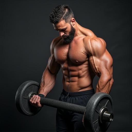 Muscular man lifts heavy dumbbell. Focus on strength and physique. Captured in a dramatic setting showcasing fitness.