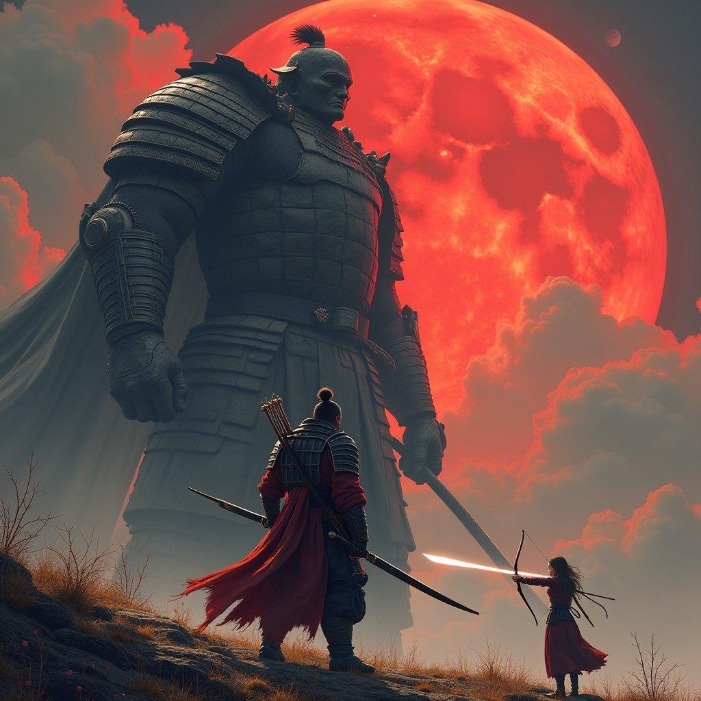 A huge samurai stands facing a massive man with weapons drawn. A girl archer aims her arrow at the giant. The sky is filled with a striking red moon.