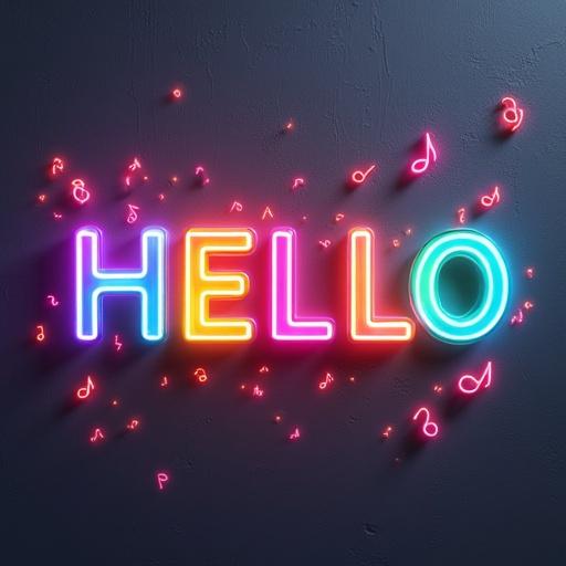 A vibrant 3D illustration of the name HELLO rendered in rainbow-neon metallic lettering with electric pinks, deep purples, bright yellows, lush greens, and aqua blue. The lettering is adorned with rainbow-neon musical notes. Set against a dark grey background. The glowing text showcases curvy reflective surfaces with soft lighting.