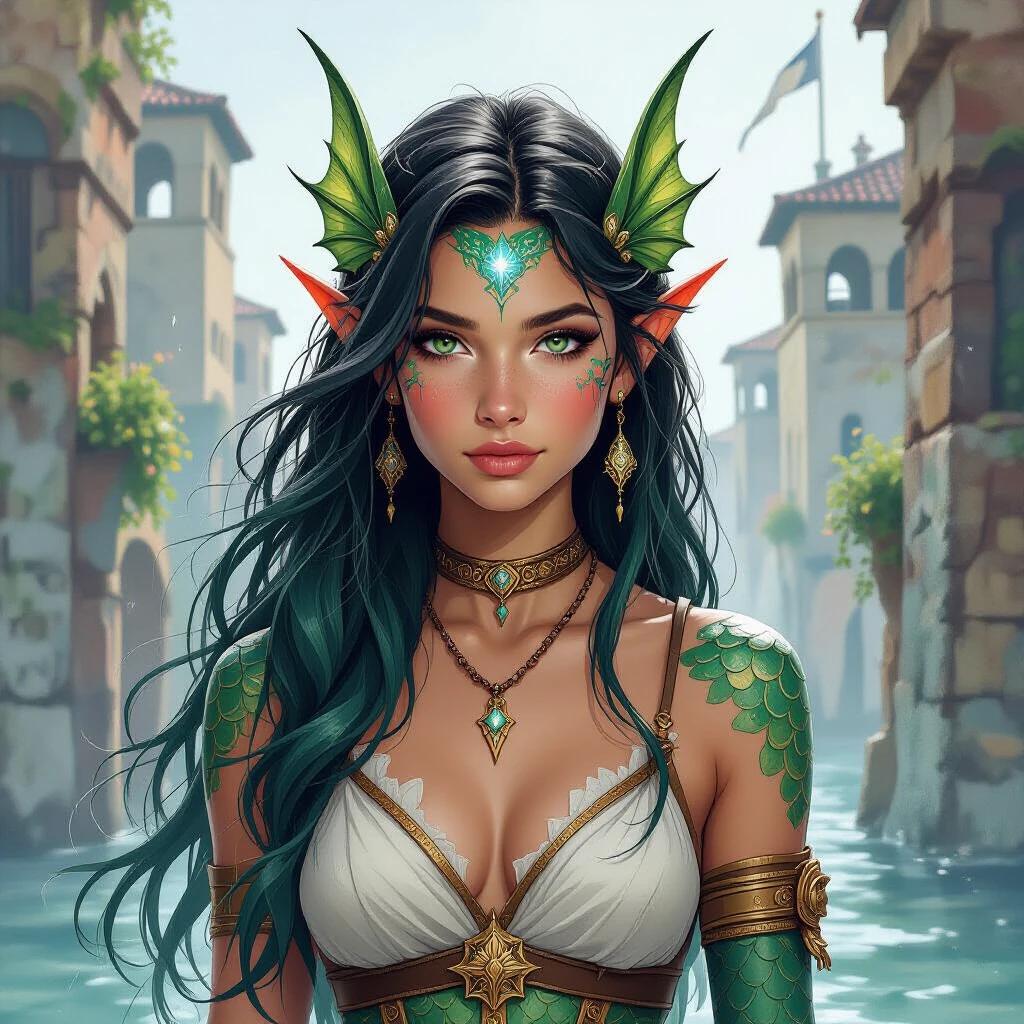 Dark watercolour illustration of a teenage Triton fish-girl. Character has sharp finned ears and green-blue scaled skin. Background features ancient Grecian fantasy port city. She wears ancient Greek clothing and wields magic with black stone that casts constellations. Long green-blue hair complemented by scales on cheeks and arms.
