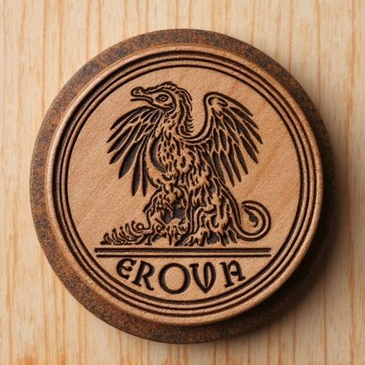 Top-down view of a wooden stamp featuring an engraved griffin design. Circular with a smooth finish and a name EROVA at the bottom.