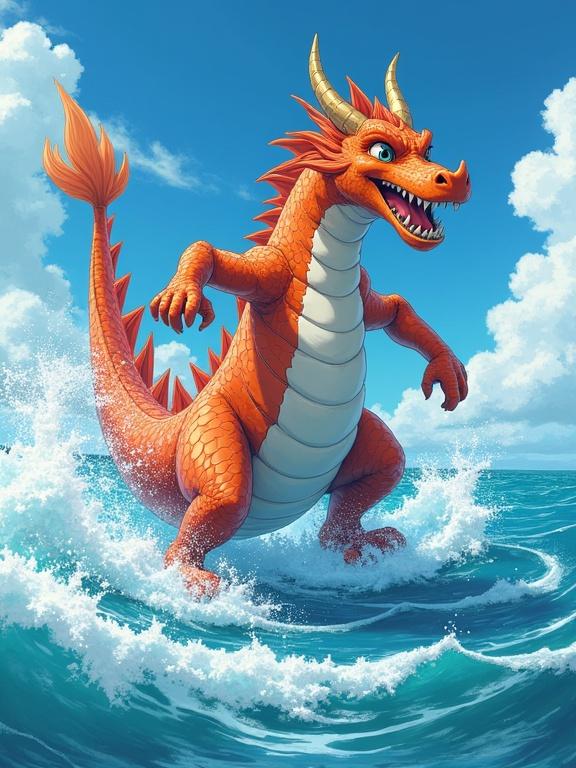 Flying dragon on a beach illustrated in Japanese anime style with vibrant colors. The dragon emerges from the ocean waves.