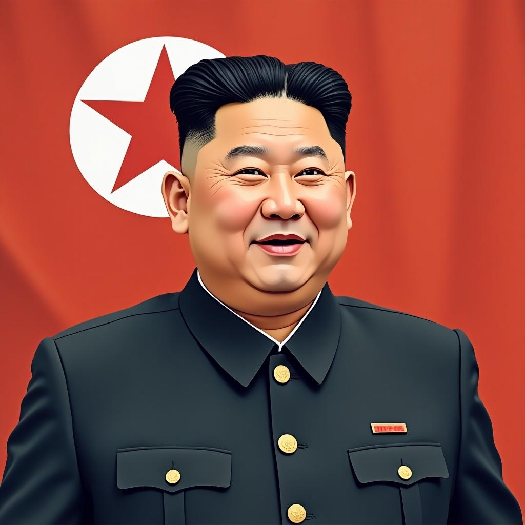 A figure of a North Korean leader wearing a suit. Red background with a star. Realistic style.