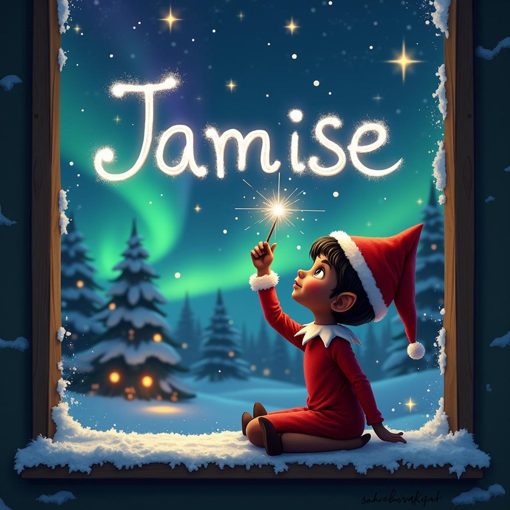 Black elf sits on window ledge looking up at the sky with a wand. Writing the name 'Jamise' with sparkles. Background features a Christmas scene with stars and colorful northern lights. Elf wearing a red outfit and pointed hat with snow on the window ledge.