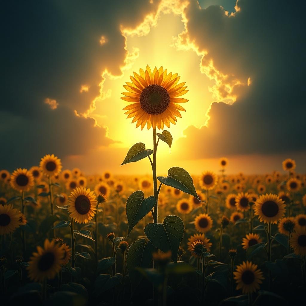 A sunflower stands tall in a field during sunset. Rays of sun shine through dark clouds. Other sunflowers surround the main one.