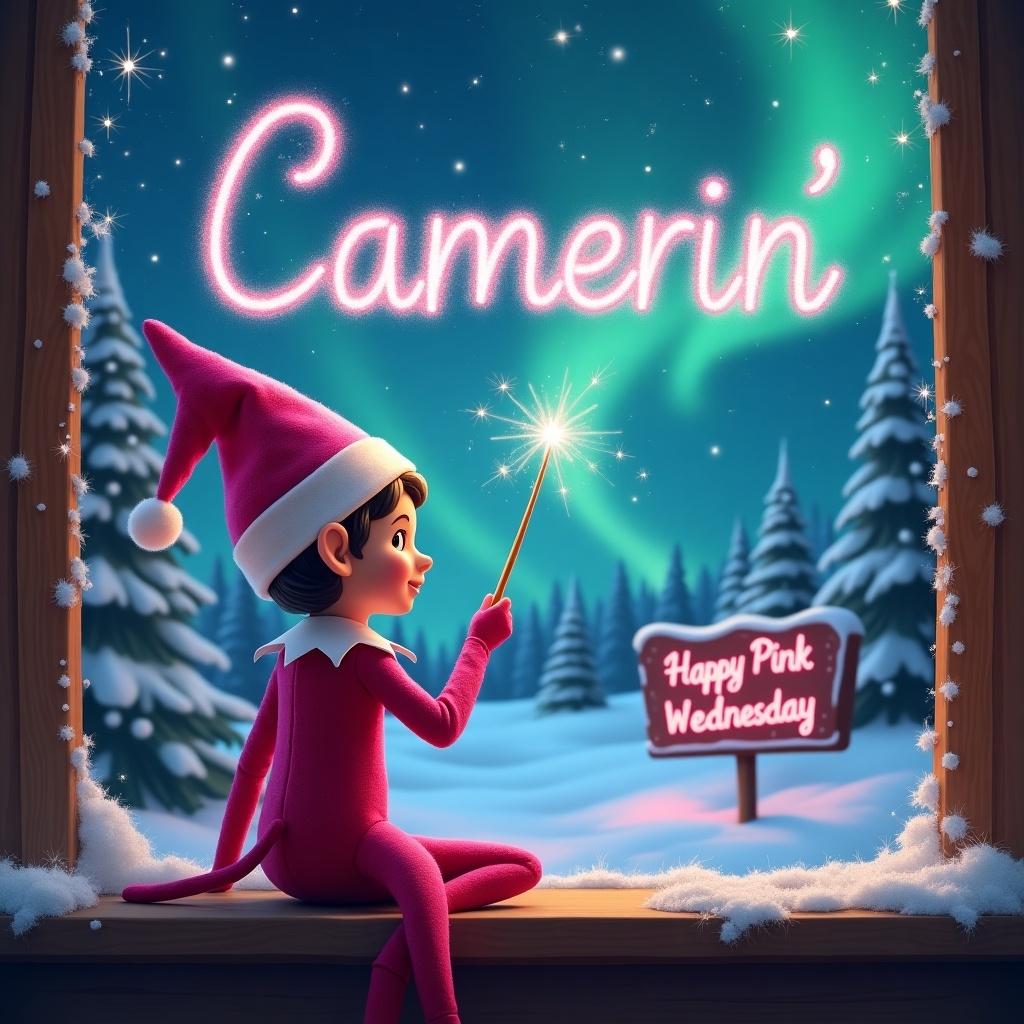 Pink elf character facing the sky writing Camerin with a wand. Magical Christmas background features northern lights. Sign says Happy Pink Wednesday.