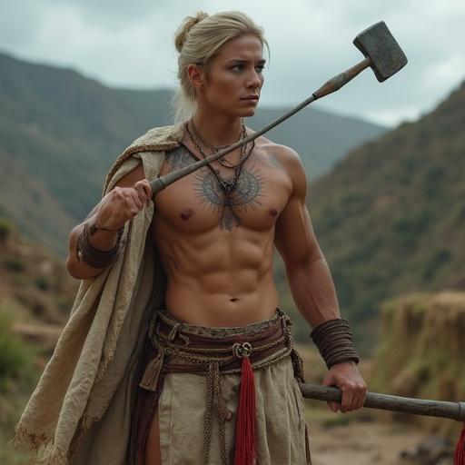 A woman with long blonde hair styled in an updo. Athletic build with defined abs and biceps. Wearing Inca militia style attire with bronze mace and wooden club. Tattoos on face and body. Background of ancient battlefield with mountains and quinoa fields. Overcast lighting highlights her features.