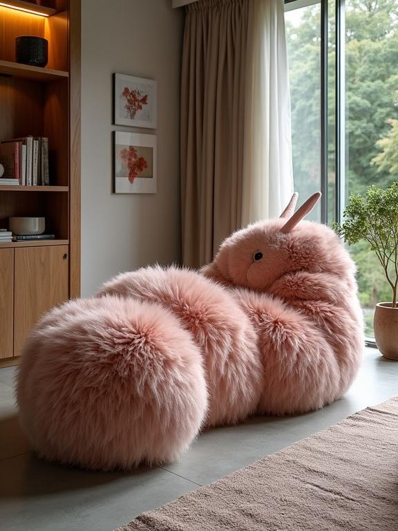 Sofa designed as a caterpillar, plush material, modern living room setting.