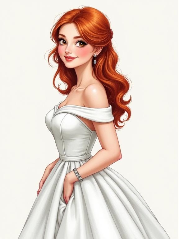 Pencil illustration of a young woman in a white wedding dress. Woman has vibrant red hair. The woman poses playfully. She looks happy. Illustration highlights the elegant features of the dress and her hairstyle. Side view with detailed dress design.