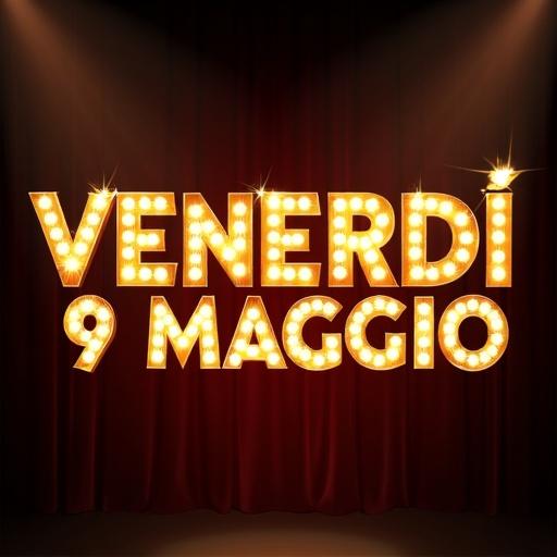 Graphic text in bold uppercase letters reads VENERDÌ 9 MAGGIO. The text has a classic Broadway marquee style with glowing light bulbs and a golden border. The background is dark with spotlight effects to create a theatrical atmosphere. Text is centered and vibrant.