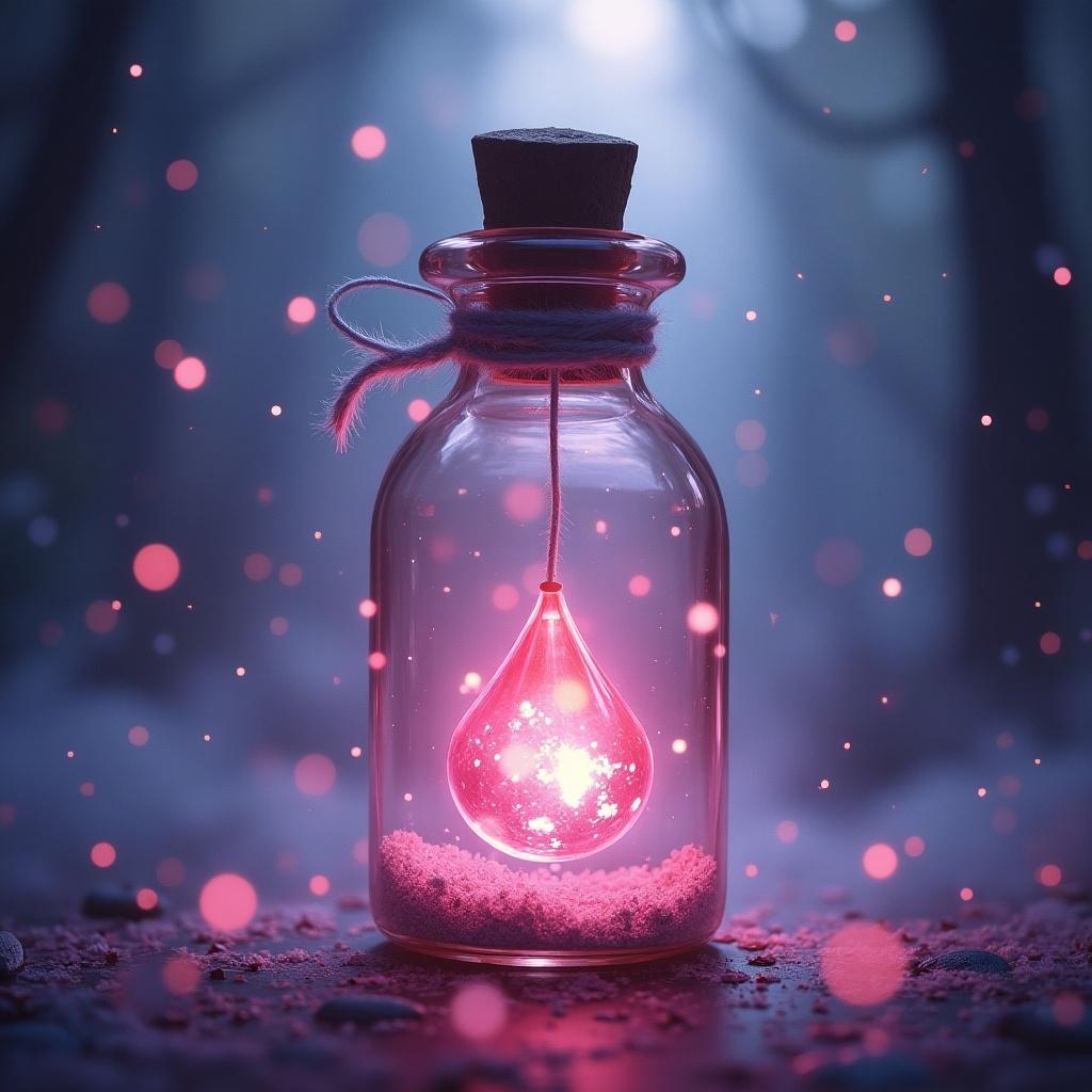 Cover artwork for middle grade fantasy novel. Depicts a 14-year-old girl as a wish guardian. Centerpiece is a tiny faceted glass bottle capturing a glowing wish. Background features wispy, misty-like wishes. Dominant colors are pinks, purples, and blues.