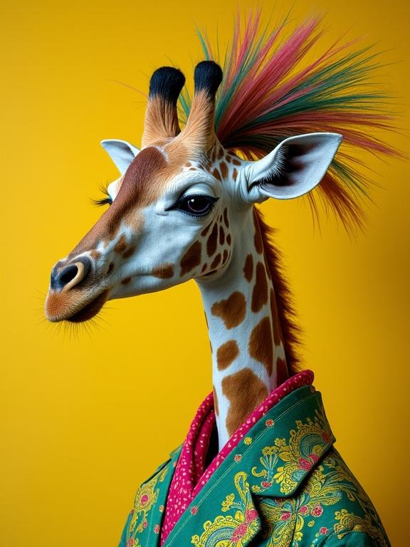 A surreal artistic representation of a punk giraffe styled as a Geisha. The giraffe has vibrant colored hair showcasing pink and green. Attire reflects eccentric styles using rich greens, magentas, and blues with intricate patterns. Set against a yellow ocher background.