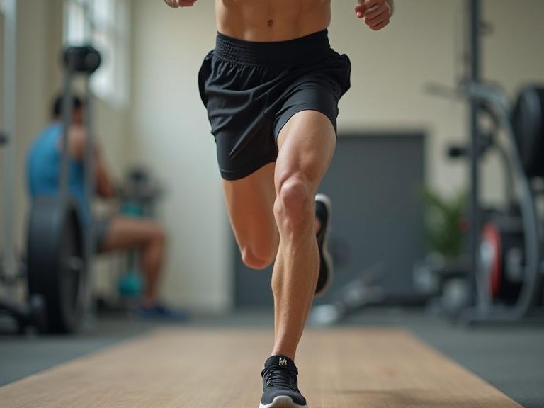 A person is exercising with great intensity inside a gym. The individual is engaged in high-intensity intervals. The activity includes short bursts such as sprinting or burpees. A timer is visible nearby for tracking intervals.