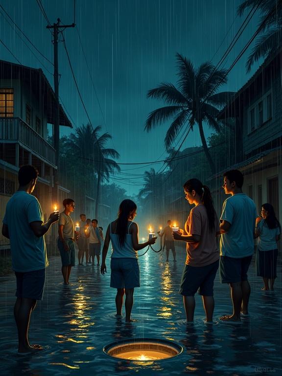 At 8:00 p.m. in a dark flooded street in a Caribbean neighborhood during a tropical storm neighbors search for a missing person. Some hold flashlights and cellphones while others carry candles under plastic cups. Rain falls heavily water flows along the street. A woman prays while others tie a rope near an open manhole. Houses in the background are dimly lit some have flickering candles in windows. The mood is emotional determined and deeply human.