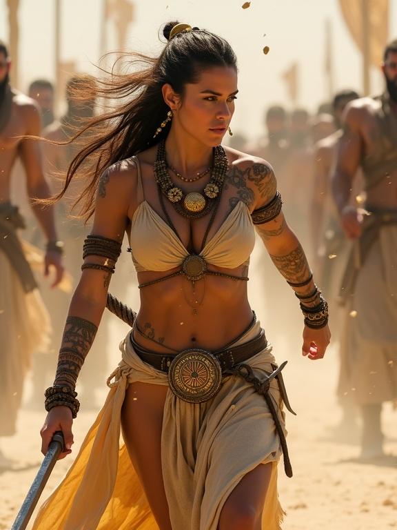 Female warrior in motion with tribal tattoos holding a sword in a desert. A crowd is seen in the background with dust and debris flying. The clothing has detailed designs and ornate jewelry. The warrior strikes a dynamic pose in an action shot with cinematic lighting. High detail at 8k quality.