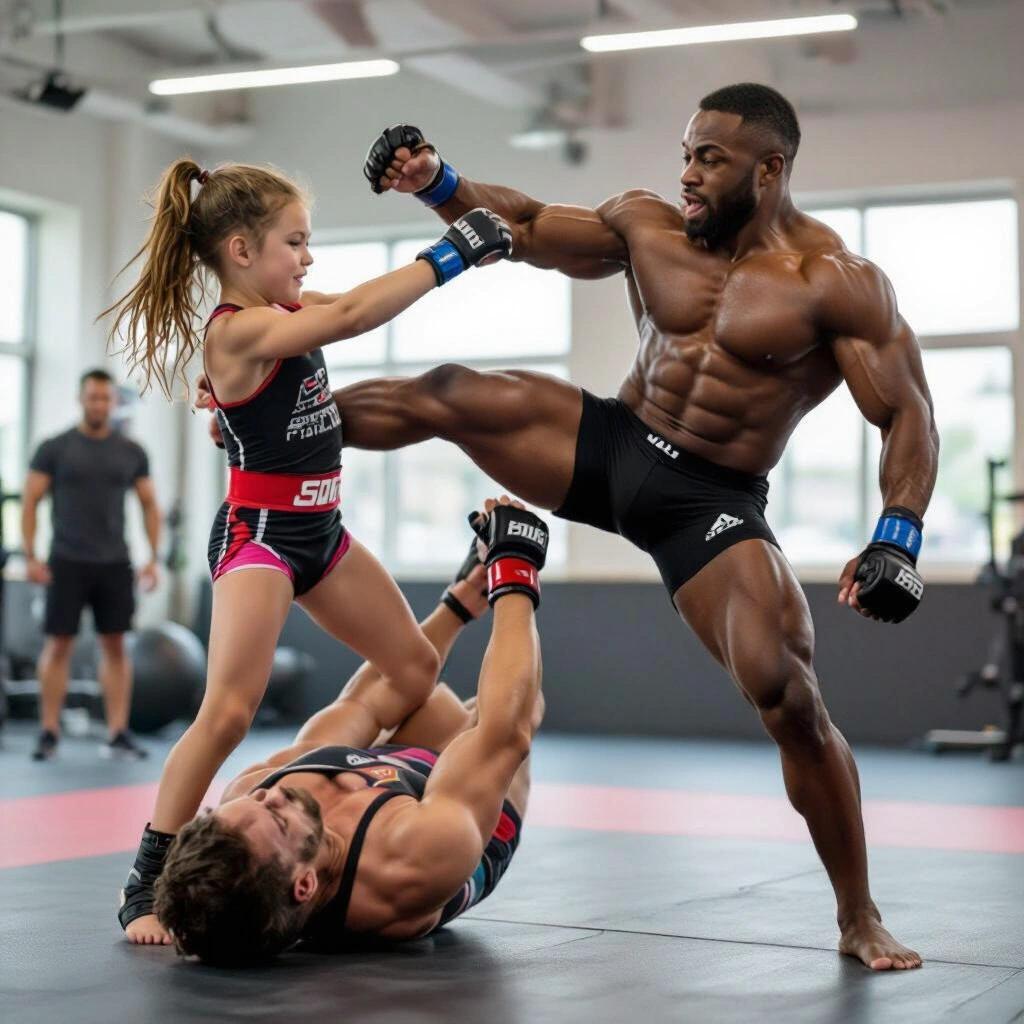 Young girl in MMA attire throws bodybuilder off the ground in a martial arts training setting