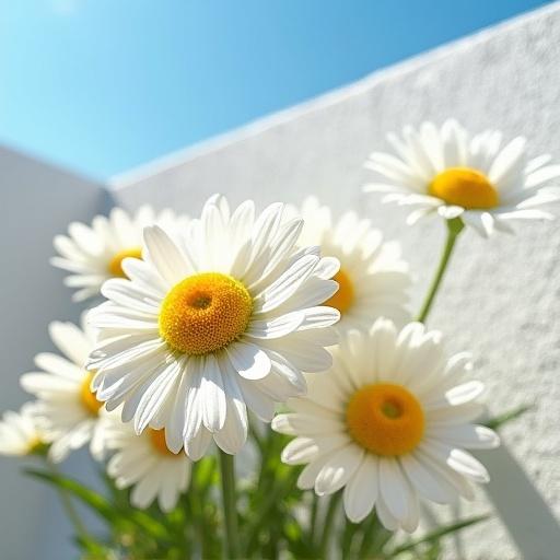 A bouquet of daisies with white and yellow gradient petals blooms at the foot of a white wall. Bright yellow stamens covered with morning dew. Sunlight penetrates petal edges, forming a translucent halo. Blue sky contrasts with warm tones of flowers. Crystal clear under natural light. Fresh color contrast reveals a quiet plant photography style.