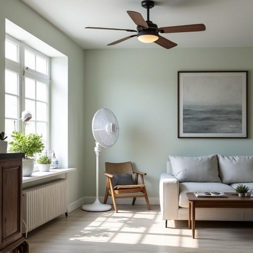 A bright modern living room featuring a ceiling fan and a standing fan. The room includes a comfortable couch and natural light coming from large windows. Plants are placed on the windowsill. A wooden coffee table is in front of the couch, enhancing the warm ambiance.