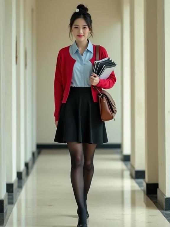 A young East Asian woman walks confidently down a corridor in a modern agency building. She wears a light-blue blouse and a black knee-length skirt with a cherry-red cardigan. Her hairstyle is a neat bun with a small white flower clip. She holds a stack of intelligence files and carries a brown satchel. The ambiance is modern and dim.