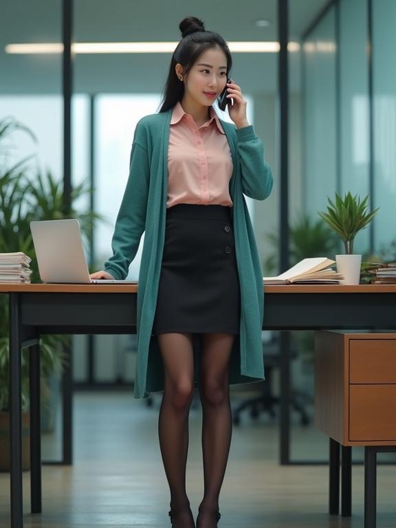 Full body image of a Korean female secretary answering a telephone call at her desk. She wears a blush-pink blouse and black knee-length skirt. A teal cardigan is included with dark-brown pantyhose and black ankle-strap closed-toe pumps. Her black hair is in a bun. Light makeup is applied, featuring a cute smile with red lips. The desk includes a laptop and dossiers. The background displays an office building with vivid lighting.