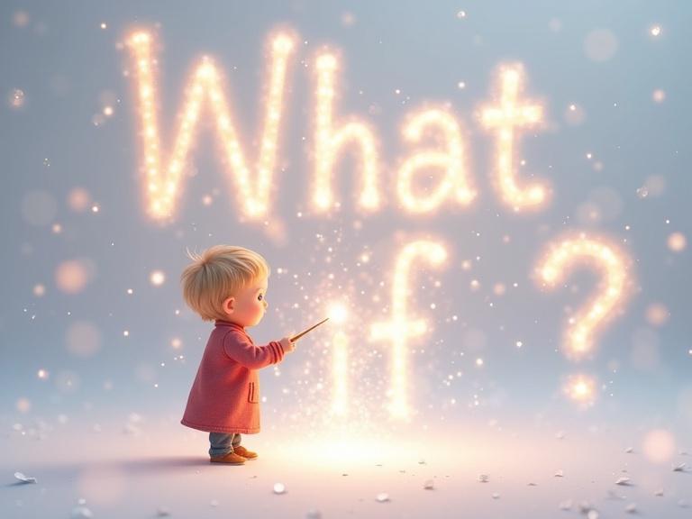 A small kid uses a magical wand to write the name 'What if ?' in sparkling text. The letters glow against a white imaginary background. The scene evokes a sense of wonder and fantasy, inviting viewers into a whimsical world, all this should be in a 3D cartoonic way. 1546px by 423px.